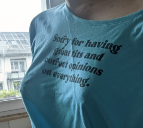 A crop of my shirt that reads: "Sorry for having great tits and correct opinions about everything." It is voluminous with the titular great tits worn without a bra.