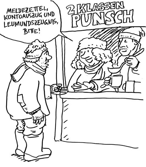 Cartoon of a homeless person being rejected at the communal kitchen for lacking documents.