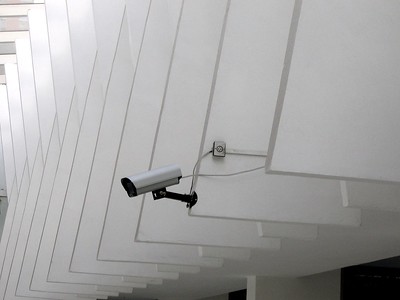 Black-white photo of a camera installed on an architectural detail like a geometric series of parallel slats. Taken 2008.