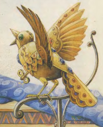 A colourful illustration of a clockwork bird, made of gold and jewels, singing. From a Russian edition of Andersen's "Nightingale" story.