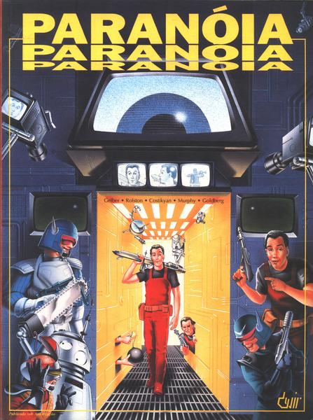 Cover to the Brazilian edition of the pen-and-paper RPG called Paranoia, second edition from the nineties. In a comedic cartoon style, it shows a man in a red suit walking down a corridor that's heavily monitored, and about to be ambushed by an assortment of robots, agents, clones of himself, and random weapons coming out of the walls, including one cartoonish round bomb on one hand, being lit by a different hand coming from another hole of the futuristic wall.