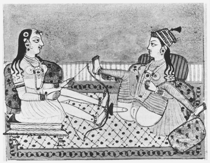 An ancient painting, probably Persian, of two women having sex in a luxurious setting. The bottom is femme, and is wearing rich, sensual clothes while leaving her breasts and vulva fully exposed. She holds her legs up for penetration, reclining against some pillows. The top is dressed in a more masculine way, with shaved forehead, but also exposing her breasts with the same type of lingerie. She's pulling the string of a bow with both hands, lodging the bow against her feet. Instead of an arrow, the bow is loaded with a dildo, about to be shot point blank into the bottom's exposed vulva. The bottom seems pretty eager to try this out.
