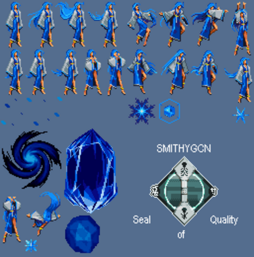 A sprite sheet showing various poses of New Half with her glorious flowy long light blue hair and blue-white robes, as well as some of the ice blocks and black holes she can summon.
