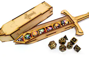 Photo of a small decorative wooden sword, which opens to reveal a compartment full of dice to play RPGs.