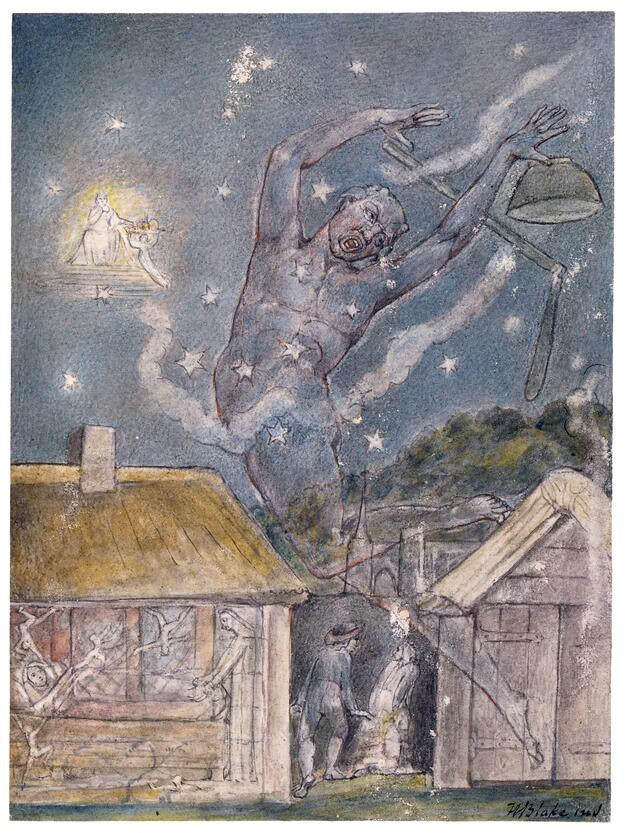 A painting of a towering, phantasmagorical humanoid entity looming translucently on the night sky, above some wood-and-straw huts. The dark blue sky and the stars are visible through the figure's masculine body and horned head. Superposed on the huts we see a human in bed, looking more awake than sleeping, their room full of small dancing humanoid entities, as well as a larger humanoid pulling their legs or blanket; two more real-looking figures stand near the hut.  On the sky near the giant phantasm, there's a vision as if an angel or servant bringing offerings to God or a Saint sitting in golden light.