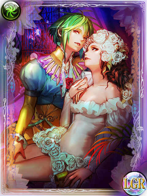 A card illustration showing Asellus from SaGa Frontier embracing Princess White Rose very suggestively. Asellus is dressed like a prince in a fancy yellow-blue outfit, a red rose on her chest. White Rose has a hair address full of white roses and a very short, skin-tight white minidress, its hem also trimmed with white roses.  In true butch style, Asellus has one hand on White Rose's cleavage, the other on her leg.  In true femme fashion, White Rose is holding Asellus' hand atop her breast, signaling consent.